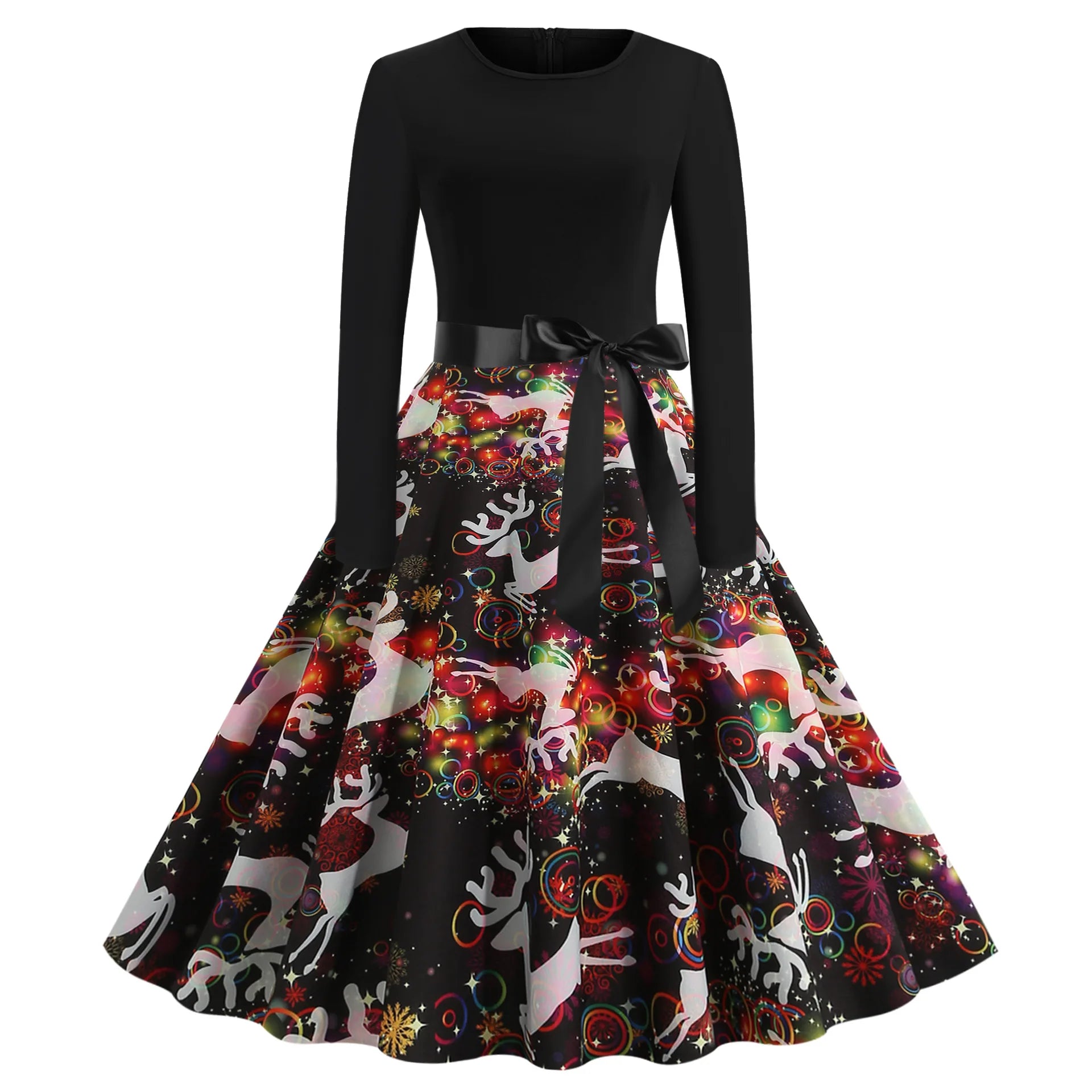 Elegant Digital Print Long Sleeve round Neck Dress with Belt Midi Skirt Large Swing Christmas Theme Cross-Border Knitted Fabric