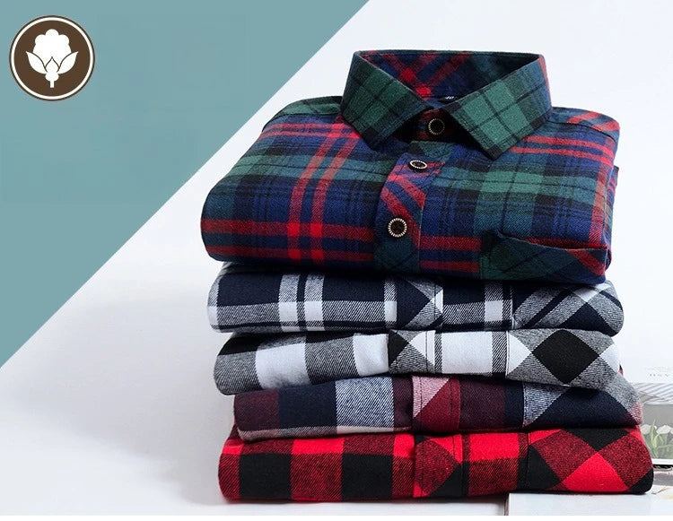 Plus Size M-5XL Men's Western Style Plaid Long Sleeve Shirt, Brushed Flannel Fabric, Loose Fit Casual Wear