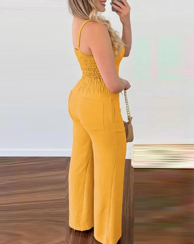 Women's Casual Summer Two-Piece Solid Color V-Neck Elastic Vest Top and High Waisted Pocket Tied Wide Leg Commuting Pants Set