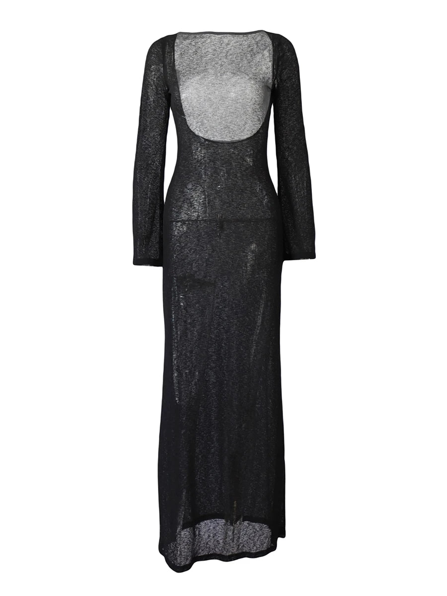 Women Wrapped Dress, Long Sleeve Round Neck See Through Sunscreen Solid Color Backless Beach Long Dress