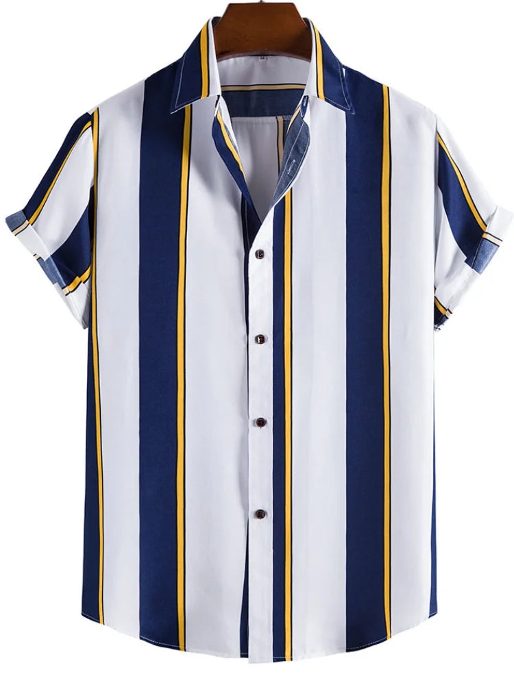 Men's Hawaiian Shirt Summer Stripes Print Short Sleeve Top Tees Fashion Casual Social Shirts Lapel Button Oversized Men Clothing