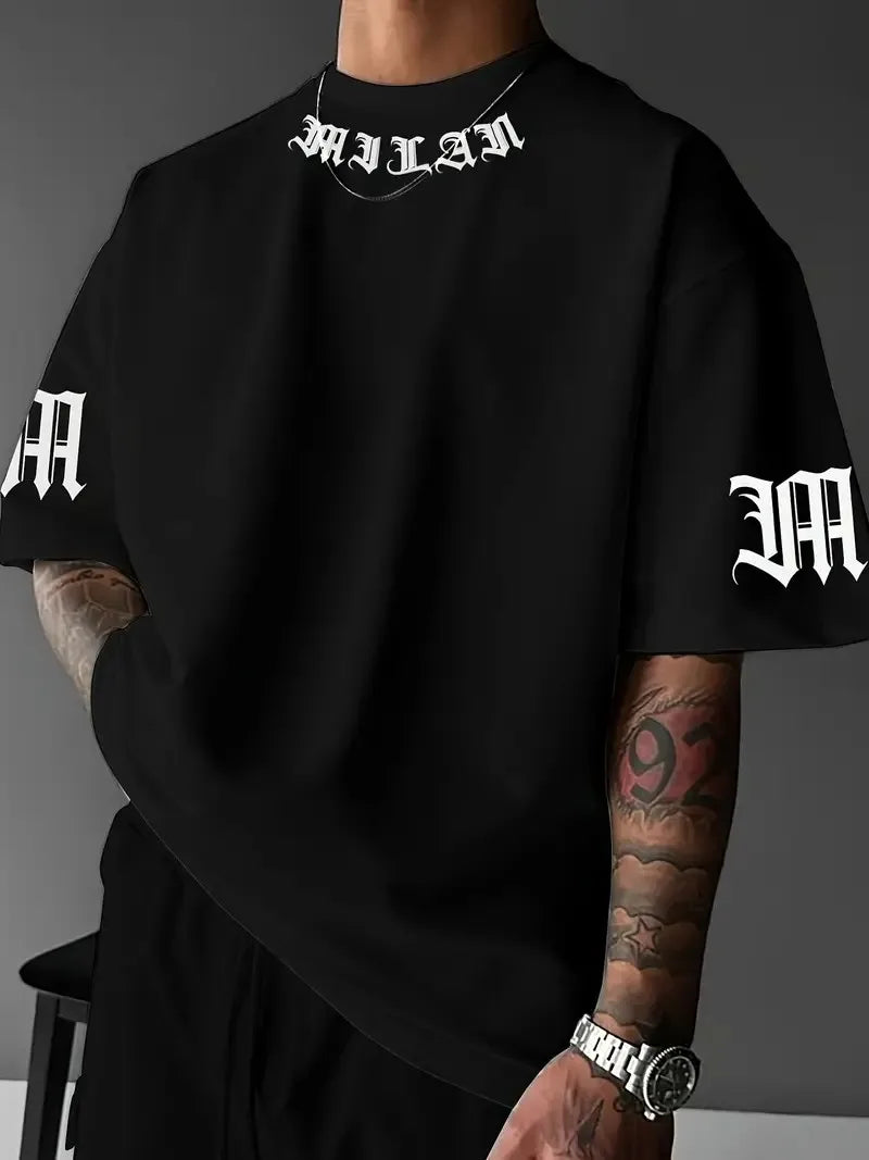A new men's T-shirt for the summer of 2025 featuring casual and fashionable letter prints and breathable streetwear style