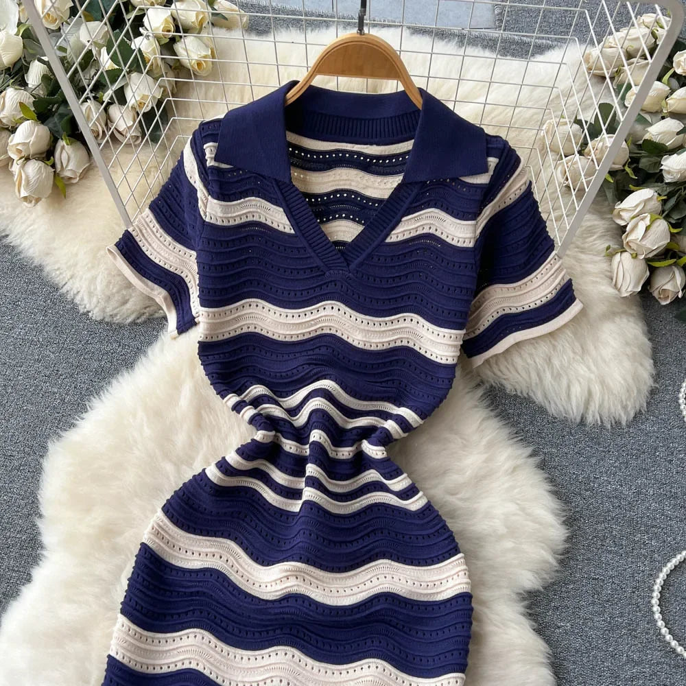 Short Sleeves Striped Long Dress Lapel Neck Hollow Out Slim Bodycon Sundress Fashion Hotsweet Knitted Beach Midi Dress