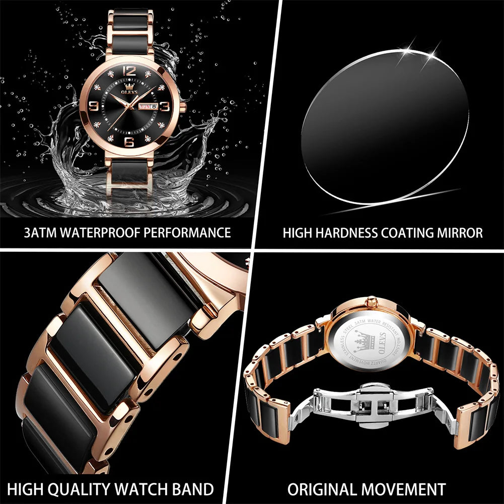 OLEVS New Ceramics Watchstrap Watch For Women Luxury Business Diamonds Wristwatch Fashion Waterproof Dual Calendar Woman Watches