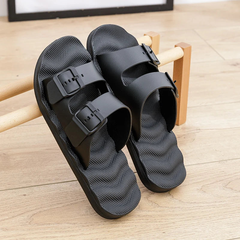 Men's Breathable Buckle Sandal Slippers Summer Outdoor Indoor House Shoes Non-Slip Thick Sole Casual Solid Color Slides
