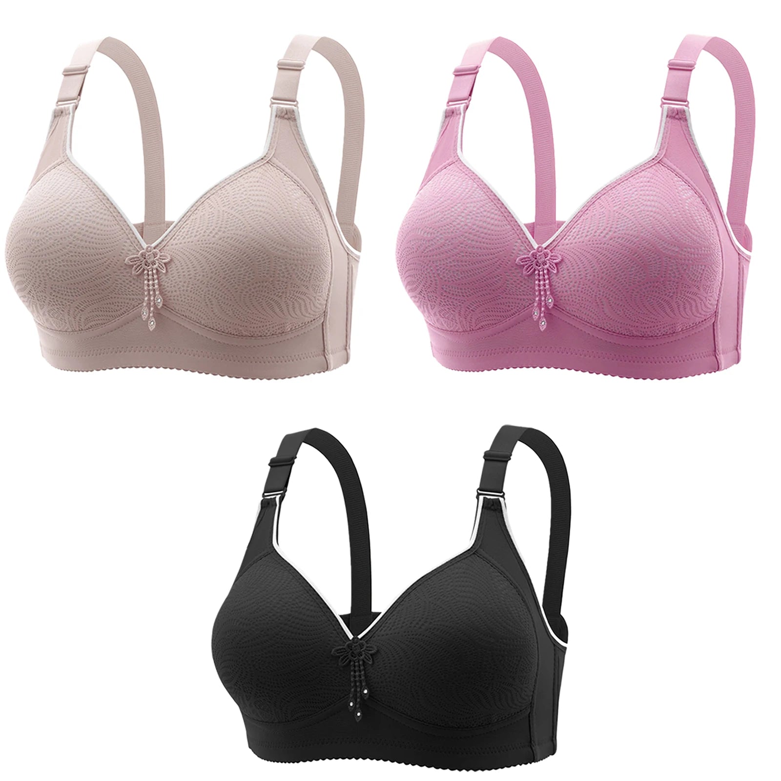 3pcs Women's Bra Lingerie - Appliques Jacquard Lightly Padded Push-Up, Adjustable Straps for Cup A B C D, Sexy Underwear