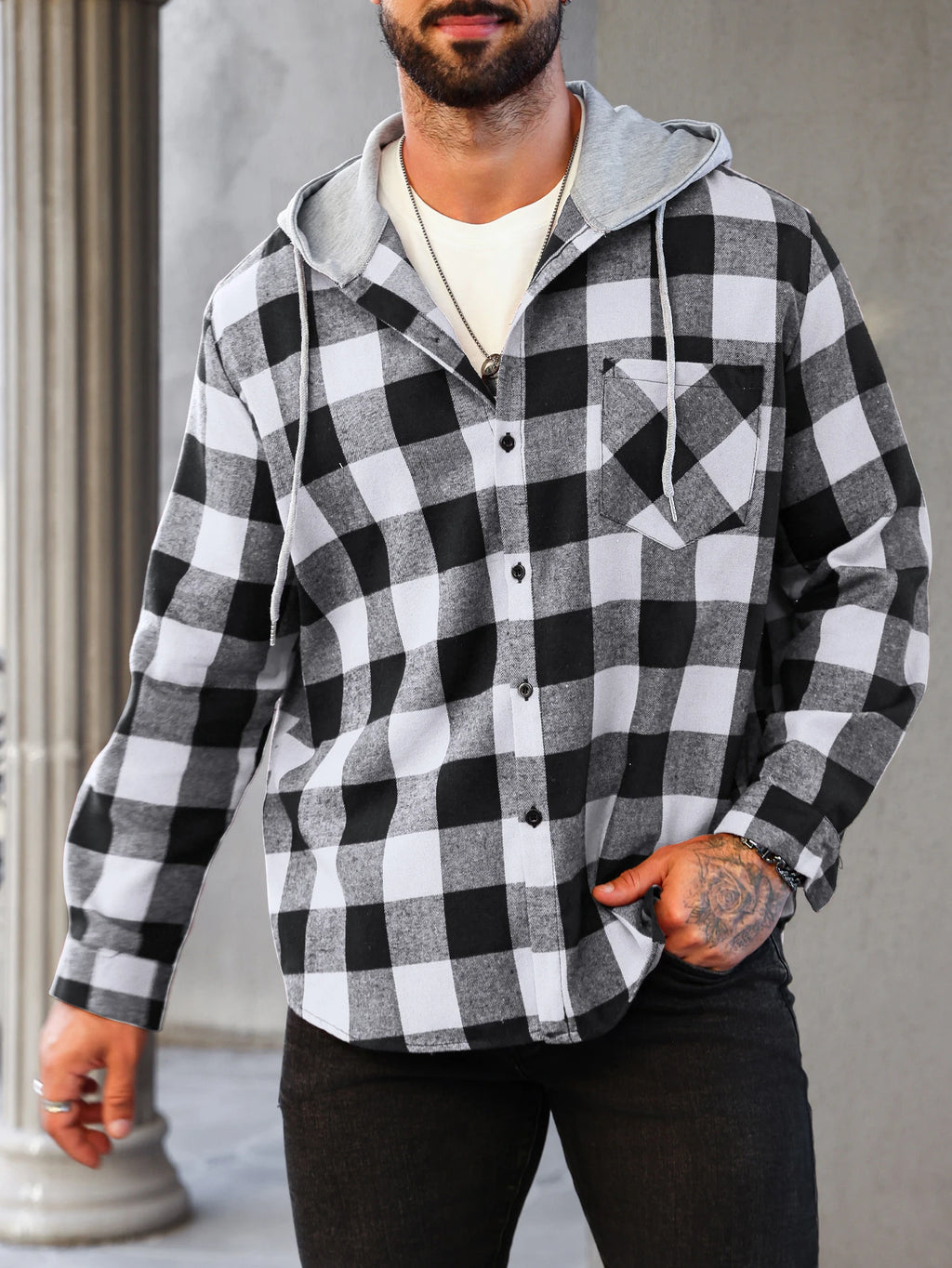 Mens Colorful Plaid Hooded Cardigan Color Block Sweatshirt with Pockets Top Jacket