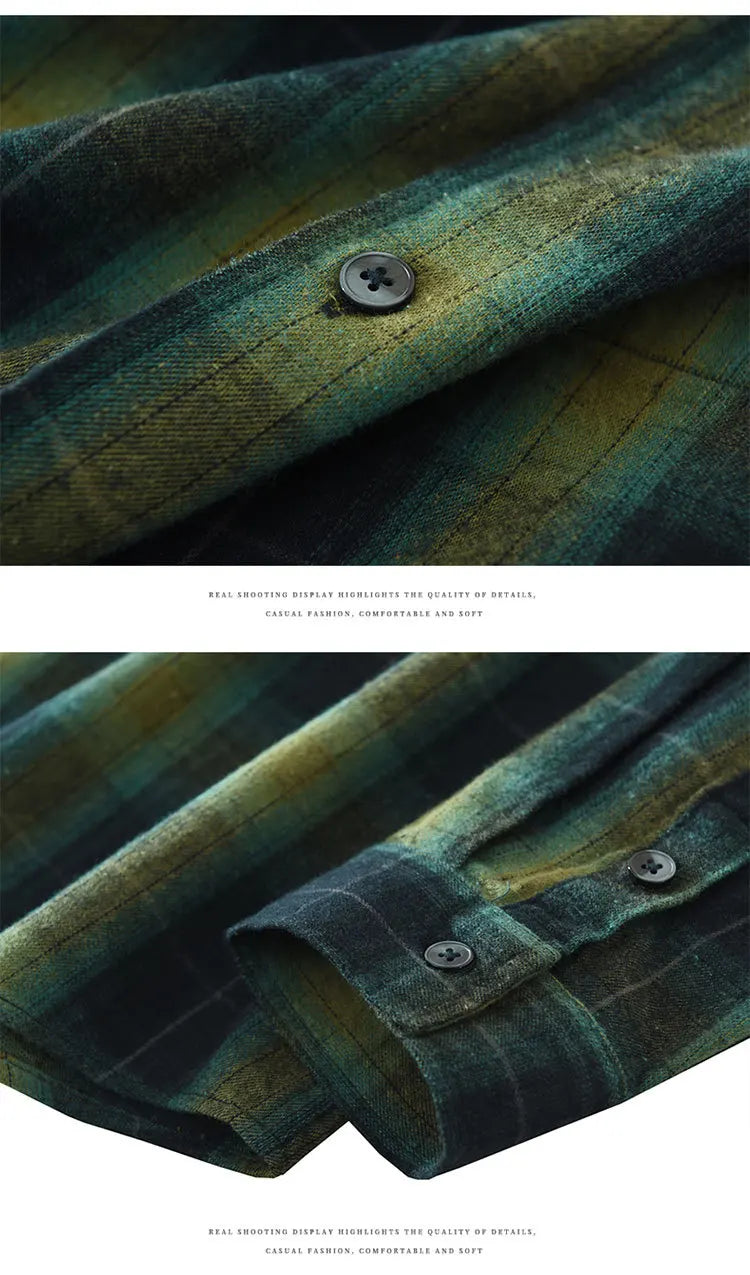 Oversized 100% Cotton Men's Plaid Shirt, Japanese Casual Style, Green Coffee Check Camping Fishing