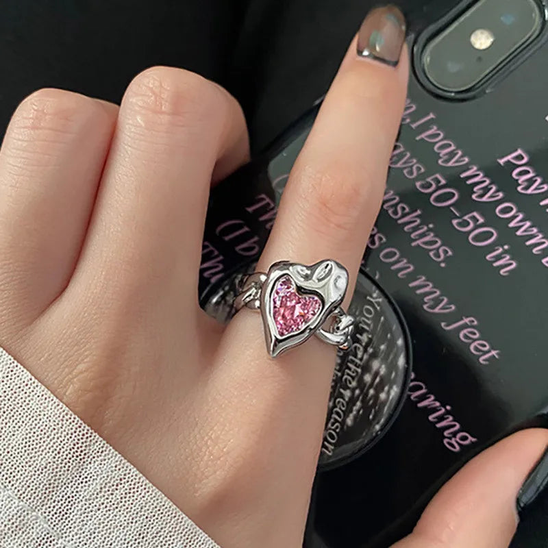 Kpop Retro Gothic Silver Color Heart Metal Ring For Women Girls Vintage Y2k Crystal Open Rings Punk Geometry Rings Party Jewelry
