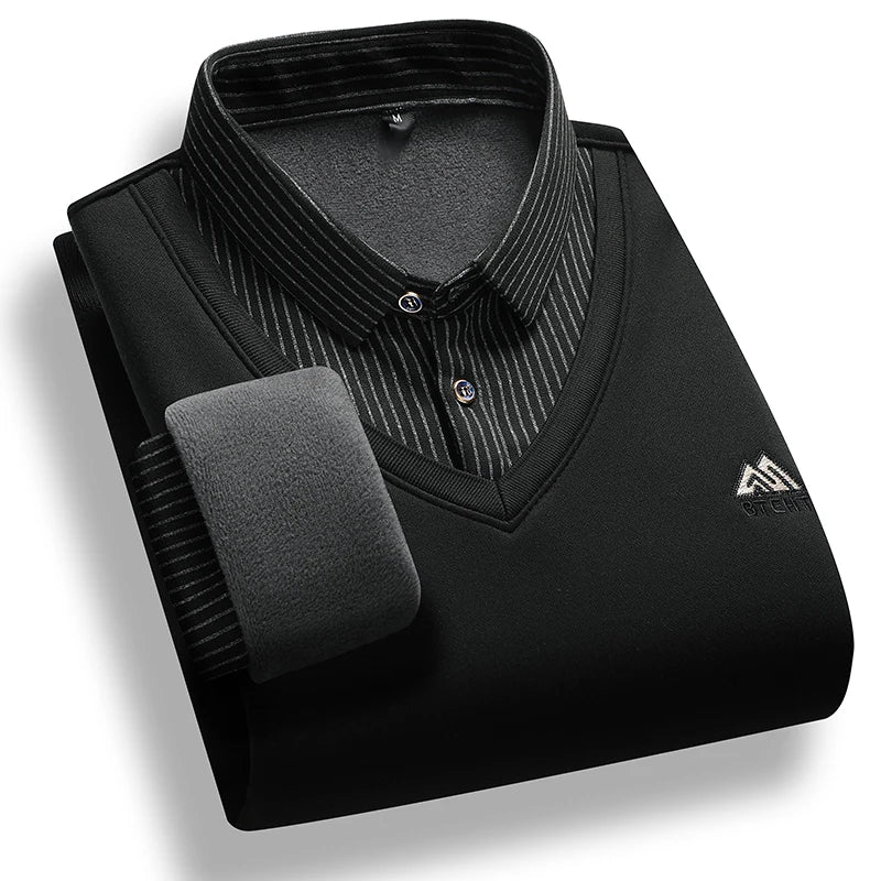 Men's Fleece Lined Sweater Polo Collar Pullover Tops Fake Two Piece Fashion Business Causal Pullovers Thick Winter Clothes