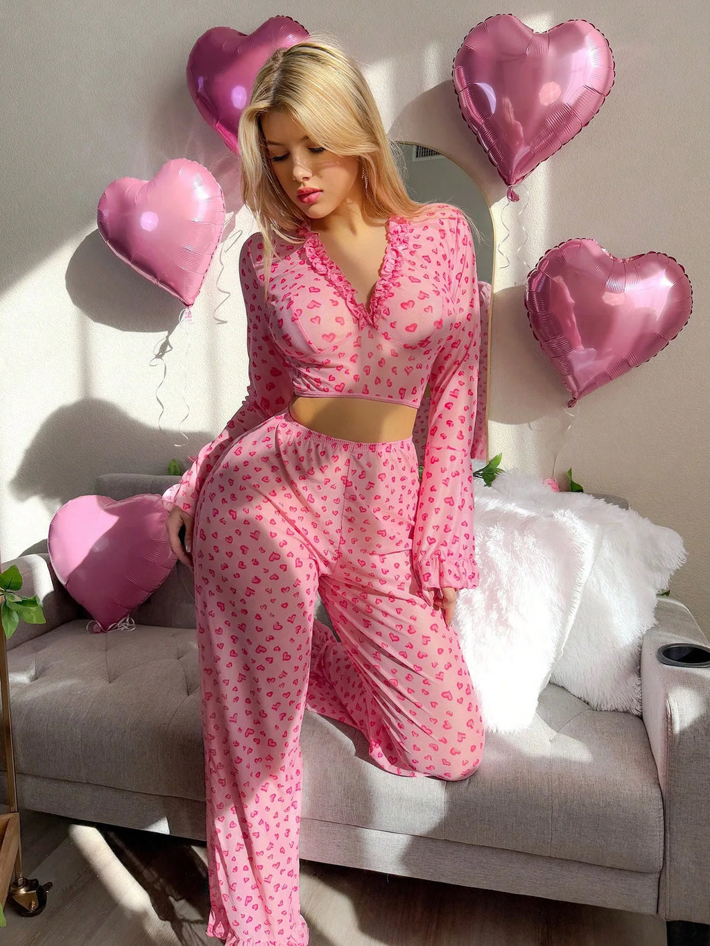 Sexy Lingerie Suit for Women Valentine's Day Passion Uniform Love Print Long-sleeved Trousers Pajamas Set Perspective