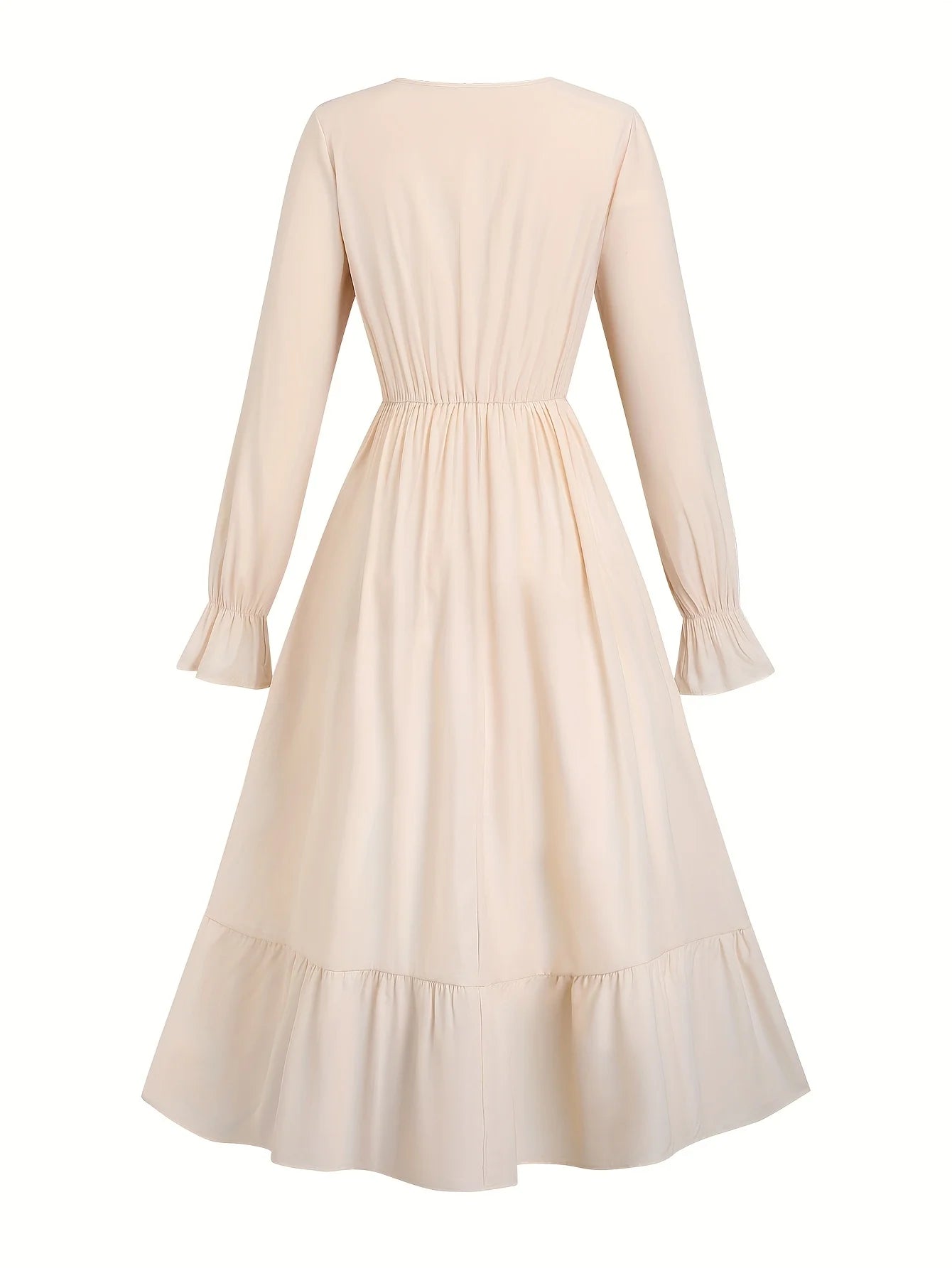 European and American women's clothing, retro V-neck solid-color long-sleeved long dress, country-style dress without belt acces