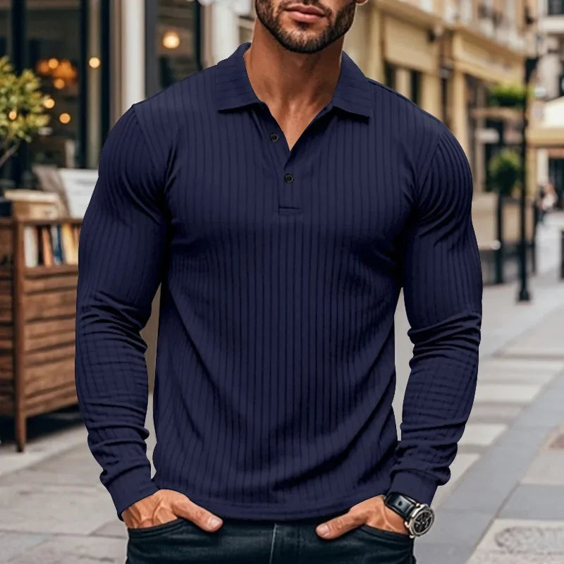 Men's Autumn  Classic Casual  Elastic Pit Strip Polo ShirtAmerican  Lapel Button-up Long-Sleeved T-shirt