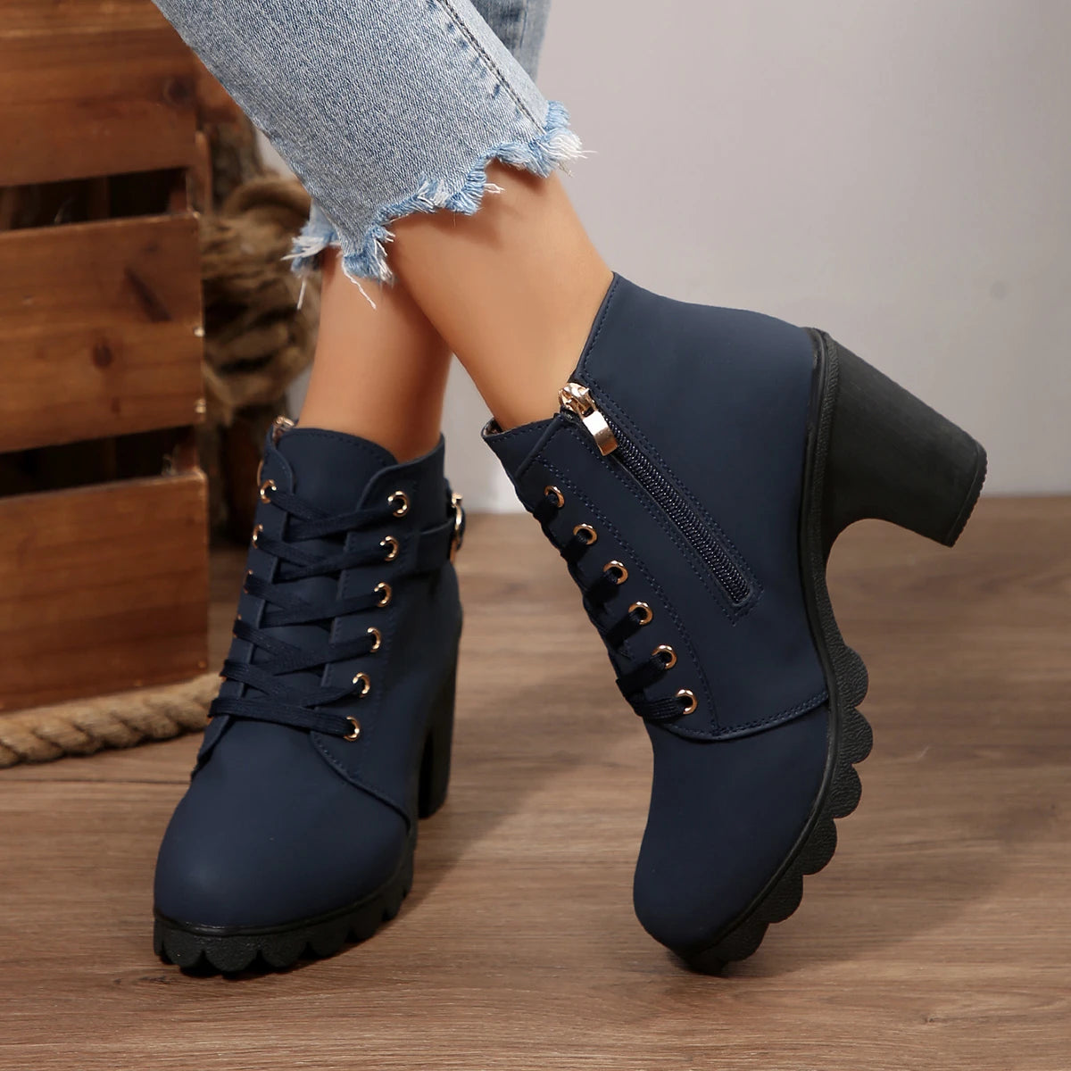 2025 Women High Heel Ankle Boots Autumn Lace Up Comfortable Short Boots Retro Fashion New Trend Lady Shoes Women Botas De Mujer