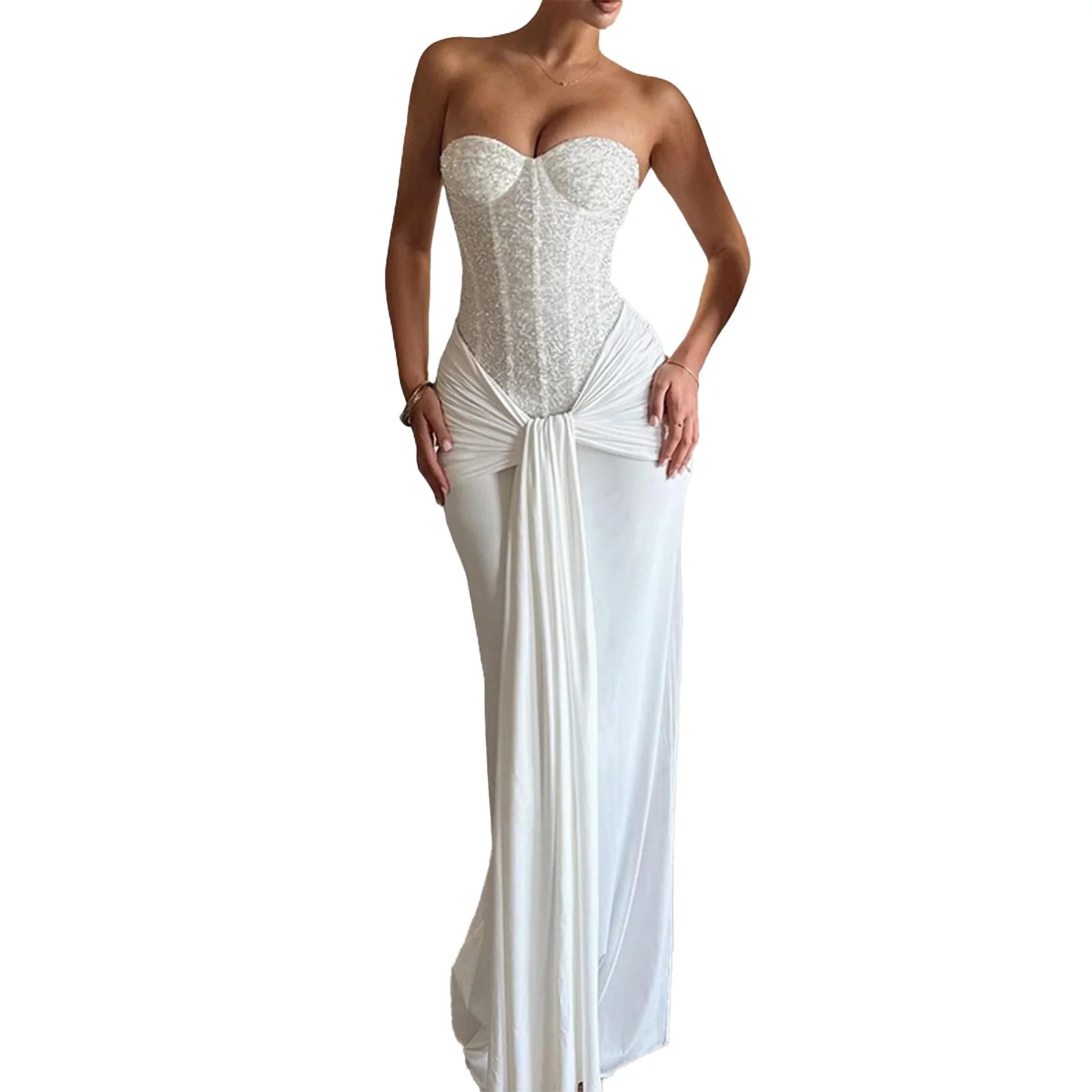 Women's Sexy Strapless Evening Dresses with A Cinched Waist and Flowing Ribbons, Jacquard Patchwork Long Cocktail Dress Vestidos