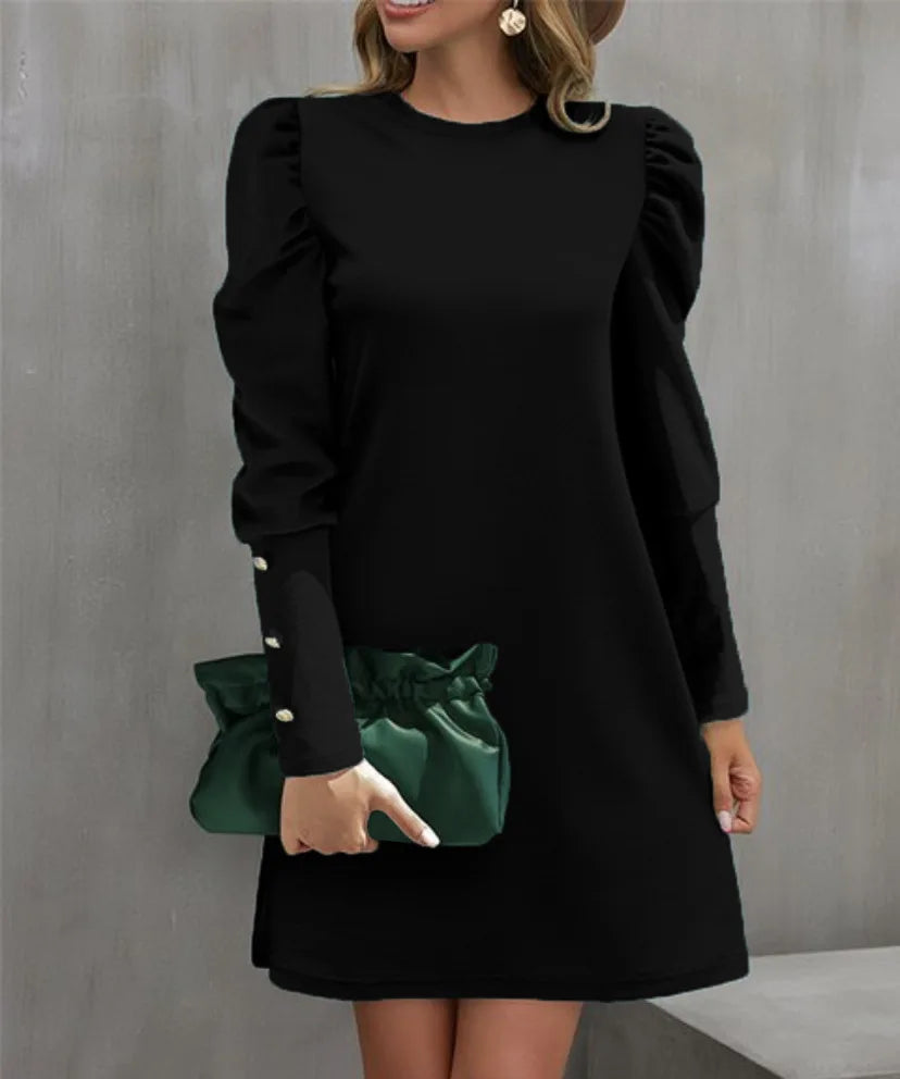 2025 Spring and Autumn New Round Neck Bubble Sleeve Button Decorative Long Sleeve Dress
