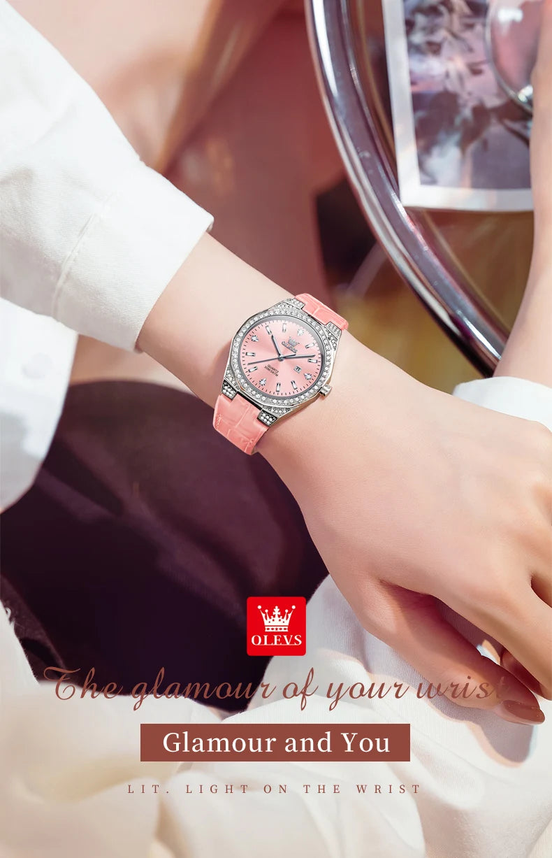 OLEVS NEW Women's Watches Pink Leather Strap Full Diamond New Style Date Waterproof Original Quartz Watch for Girl Fashion