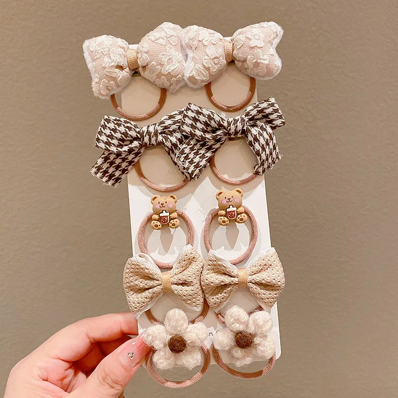 10Pcs/Set Girls Cartoon Hair Band Sweet Bow Hair Ties Elastic Rubber Band Princess Flower Scrunchies Kids Hair Accessories