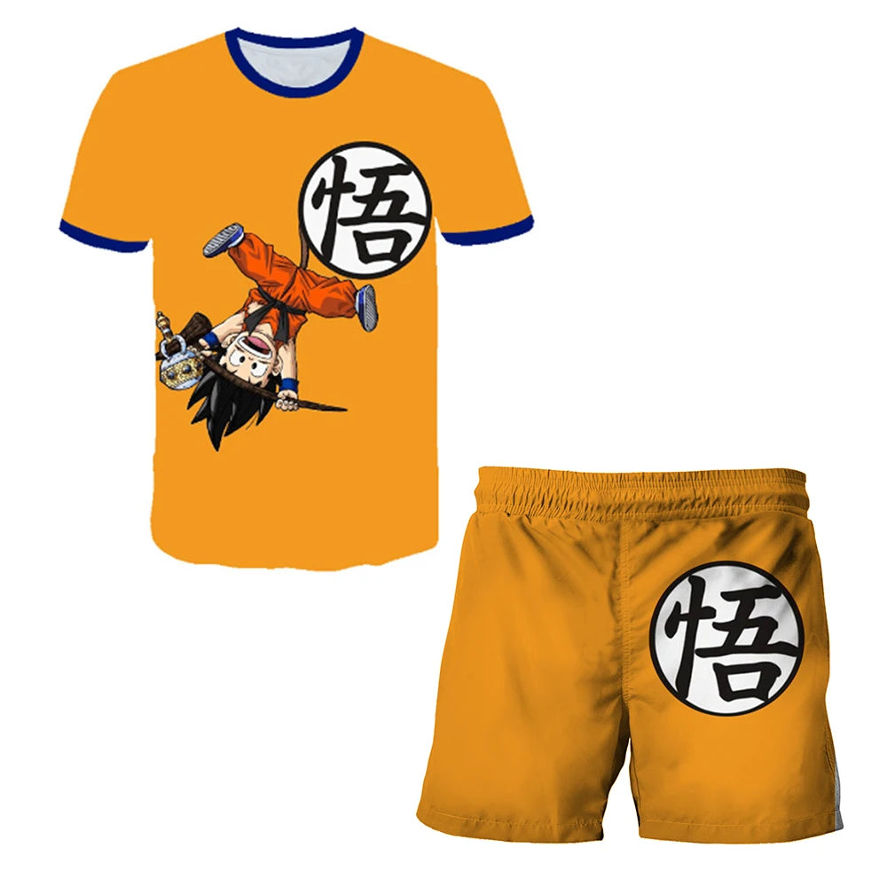 Japanese cartoon Dragon Ball Z T-shirt children's top T-shirt shorts two-piece set for summer boys T-shirt+shorts beach pants