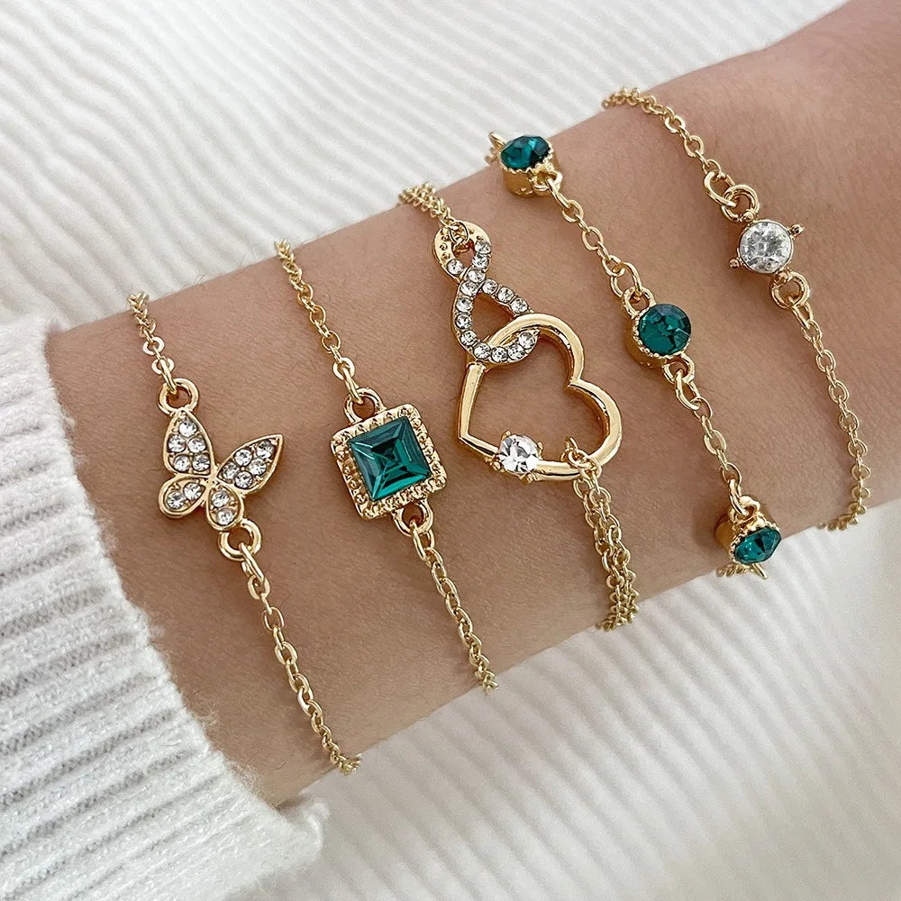 5Pcs/Set Halloween Heart Green Crystal Stone Bracelet Set for Women Gold Color Lovely Butterfly Rhinestone Girls Bracelet Set