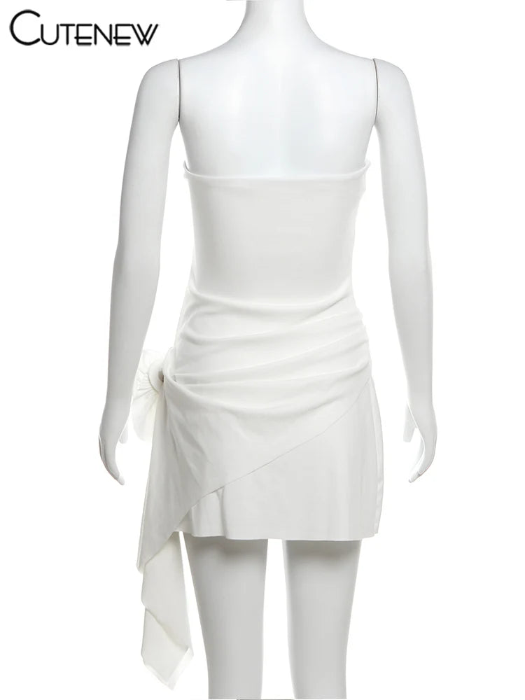 Nibber Floral Solid Mini Dress Women Basic Trend Birthday Party Chic Irregular Strapless Cross Sheath Vestidos Concise Clothing