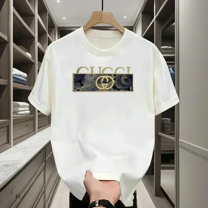 Summer 2025 new luxury brand letter pattern printed men's 100% pure cotton short-sleeved round-neck T-shirt
