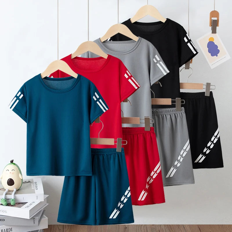 2/4 Pcs Boys' Summer Solid Color Quick Drying Breathable Set Big Kids' Loose Sports Running Hiking Outdoor Short sleeved Shorts