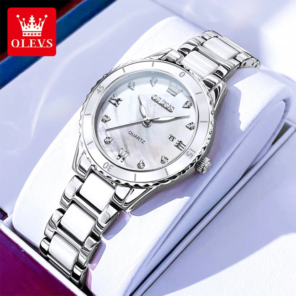 OLEVS Women Watch Diamond Roman Scale Waterproof Calendar Elegant Quartz Watches Ceramic Strap Luxury Original Girls Watch 9985
