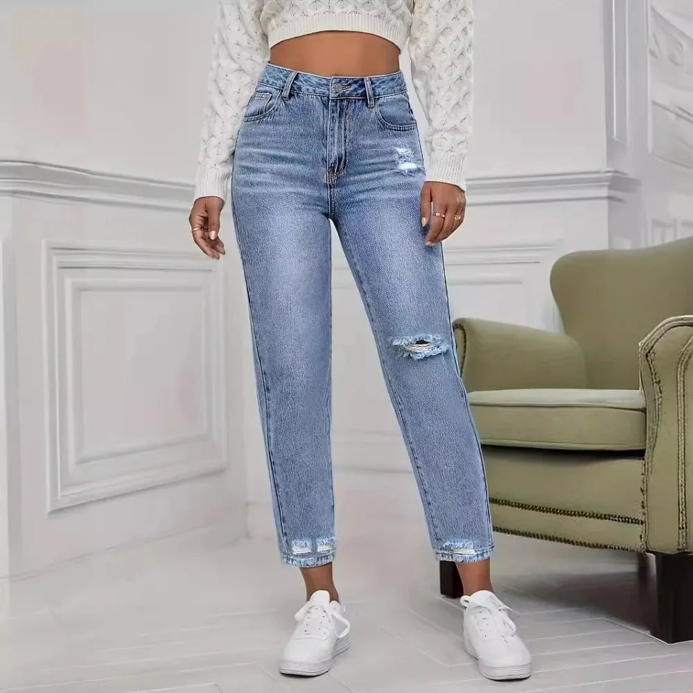 Casual Washed Ripped Jeans for Women Spring and Summer New Fashion Straight Nine Minutes of Pants Women