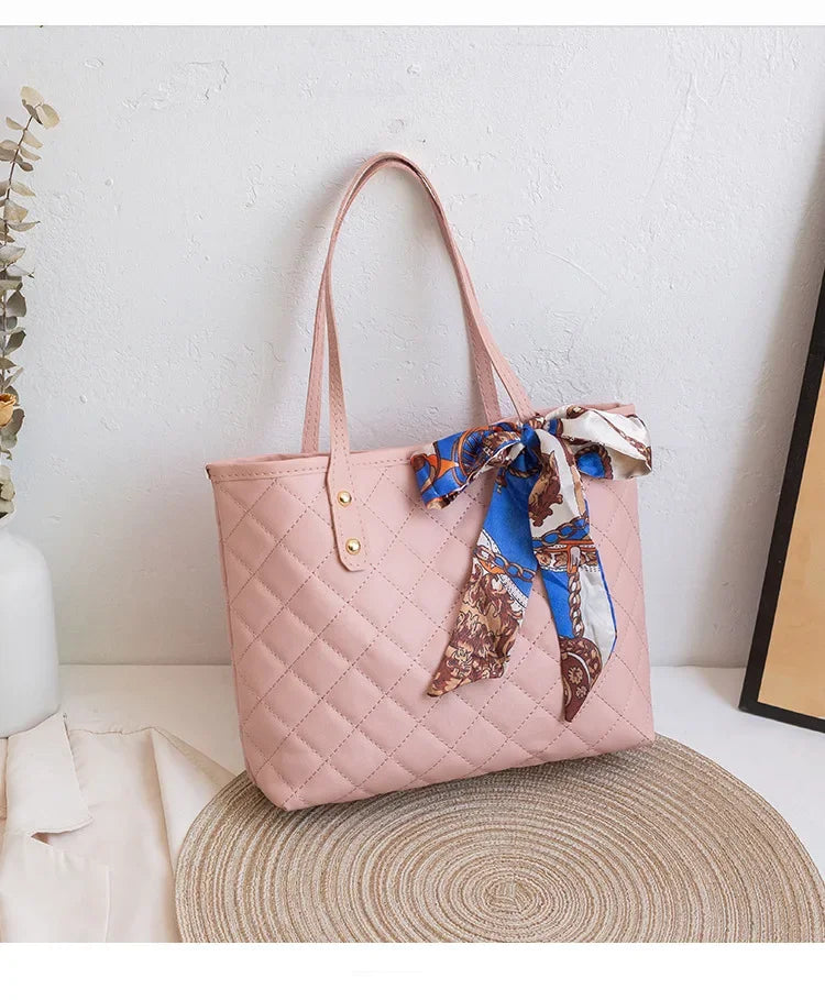 Embroidered Women's Handbag PU Leather Large Capacity Bucket Bag Fashion Beach Tote with Silk Scarf Gift Elegant Daily Use Purse