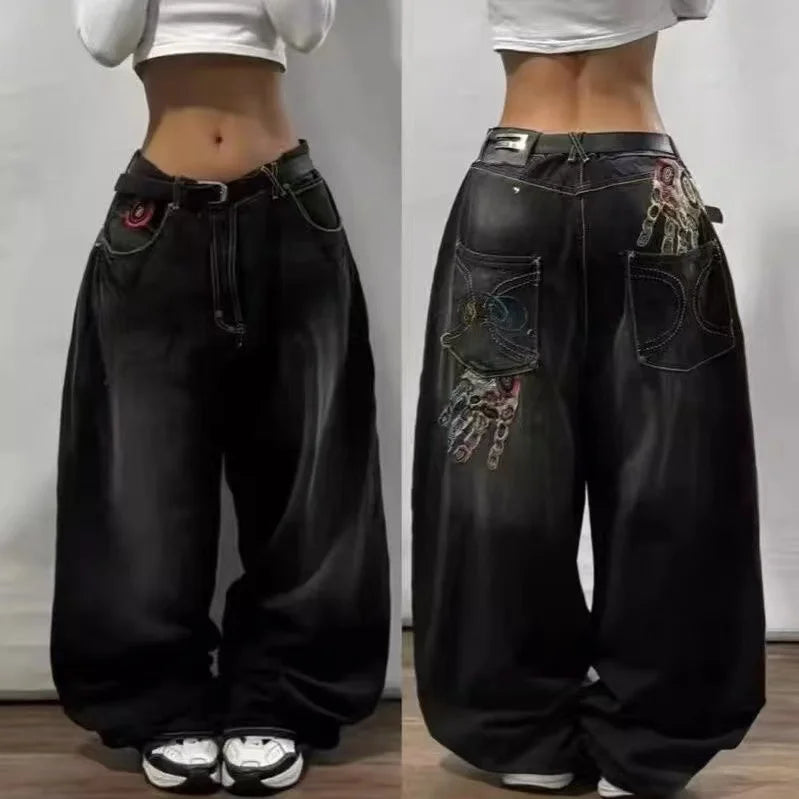 2024 New American hip-hop Vintage baggy jeans women's Harajuku high waist Y2K wide-leg pants Gothic wide pants Streetwear pants