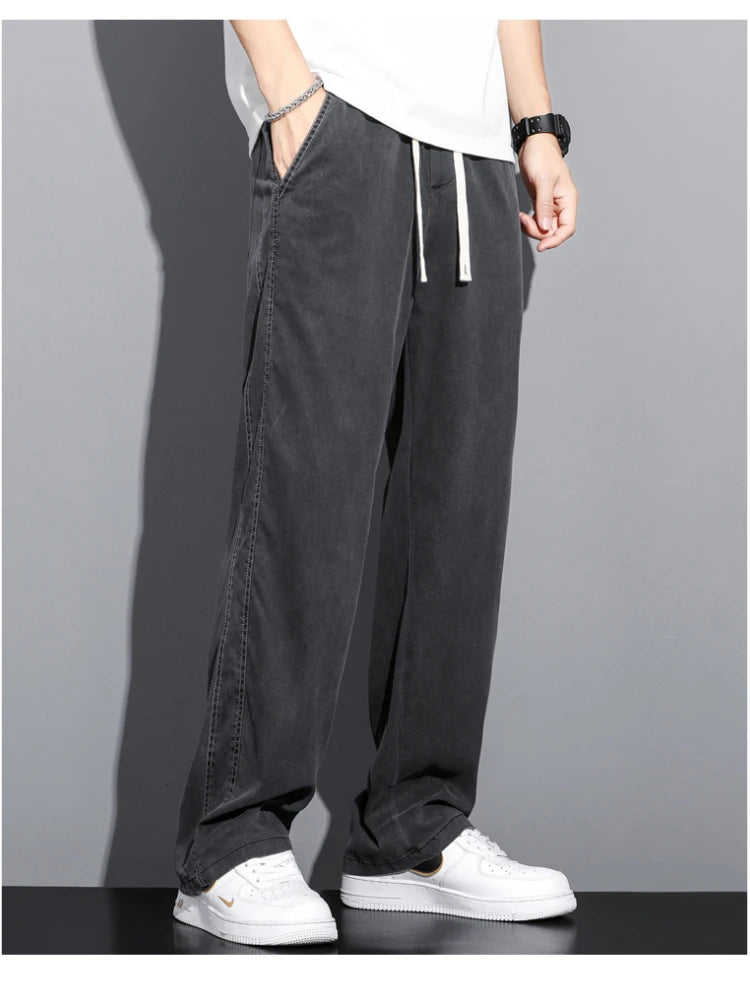 High Quality Summer Lyocell Fabric Men's Jeans Thin Straight Pants Drawstring Elastic Waist Korea Casual Trousers Plus Size
