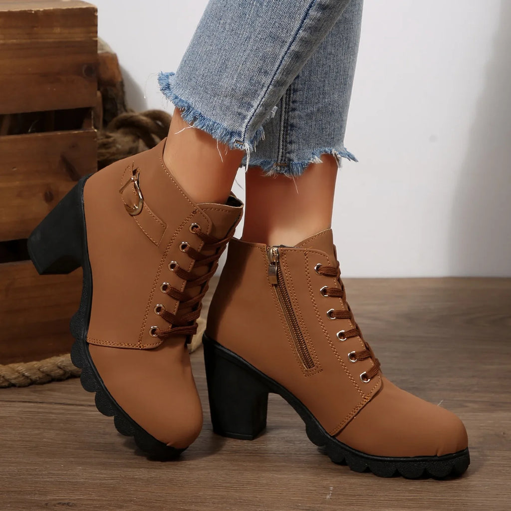 2025 Women High Heel Ankle Boots Autumn Lace Up Comfortable Short Boots Retro Fashion New Trend Lady Shoes Women Botas De Mujer