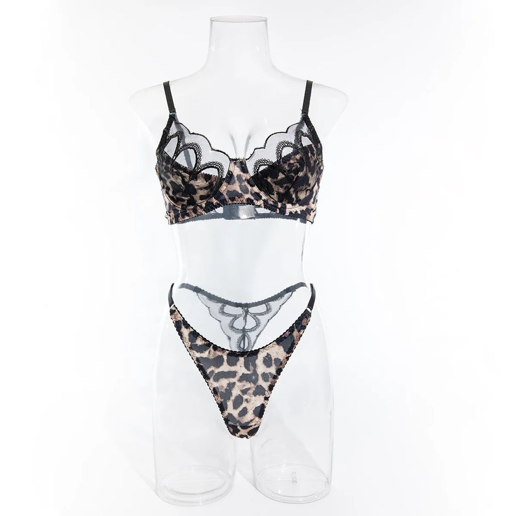 Sexy Ultra Thin Lace Leopard Printed Lingerie Set No Steel Ring Women's Perspective Underwear See Through Exotic Apparel Suit