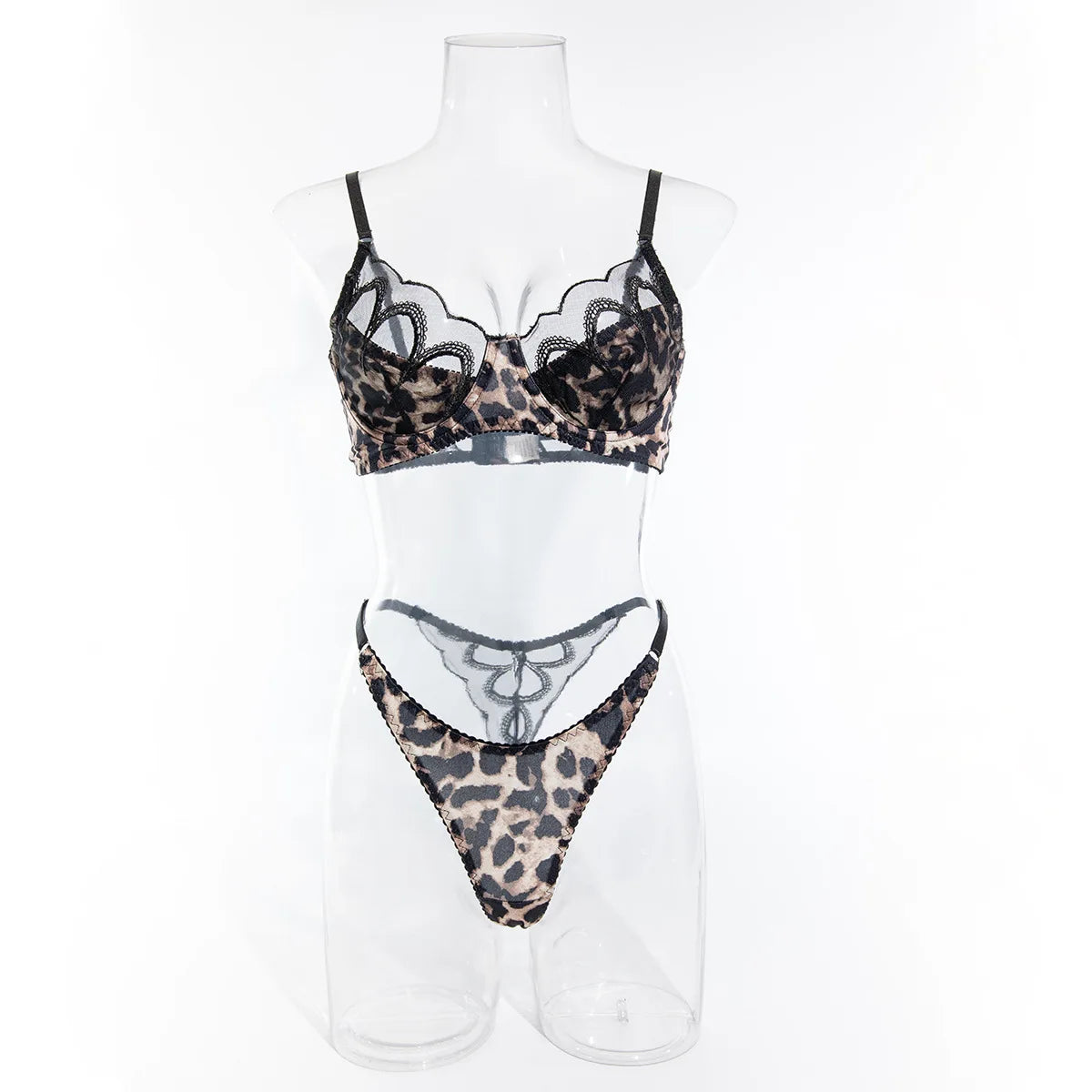 Sexy Ultra Thin Lace Leopard Printed Lingerie Set No Steel Ring Women's Perspective Underwear See Through Exotic Apparel Suit