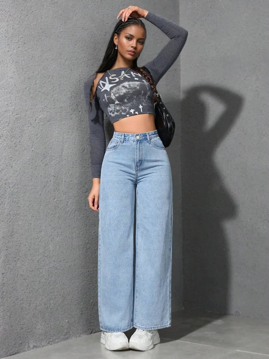 Retro Loose Wide Leg Jeans Fashion Women Solid Straight Wash High Elastic Waist Denim Pants Casual Streetwear Pocket Trousers