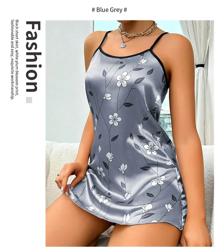 Women's Sleepwear Summer Floral Print Satin Nightgown Casual Sleeveless Backless Slip Night Dress Sexy Nightdress Home Clothes
