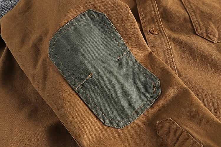 Sleeve patch washed grain woven cotton long sleeve shirt Men's daily tooling retro trend youth thin coat