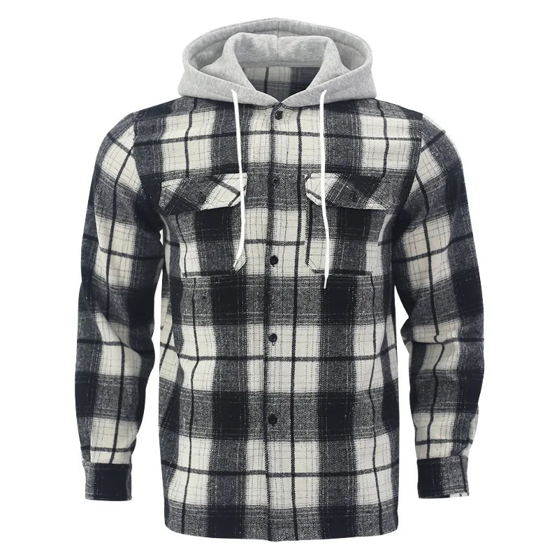 Heavy New Loose Casual Flannel Jacquard Long-Sleeved Hooded Plaid Shirt for Work Business Autumn 2025