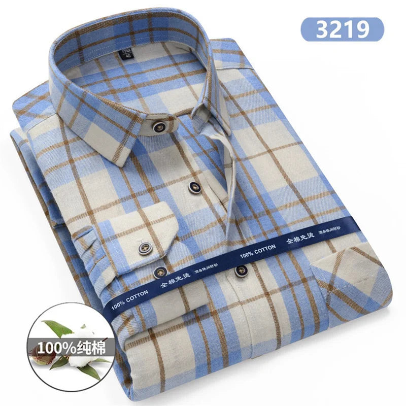Plaid Flannel Shirts For Men Long Sleeve 100%Cotton Fashion Casual Soft Standard-Fit Man Blouse Clothes Men's clothing 10XL 11XL