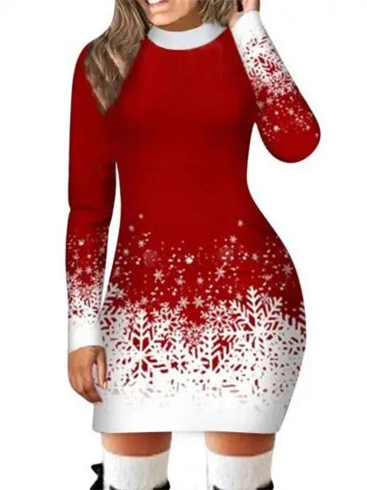 Black White Snowflake Deer Pattern Women's Dress Autumn Winter Sext Long Sleeve Bodycon Mini Dress Elegant Red Christmas Dresses