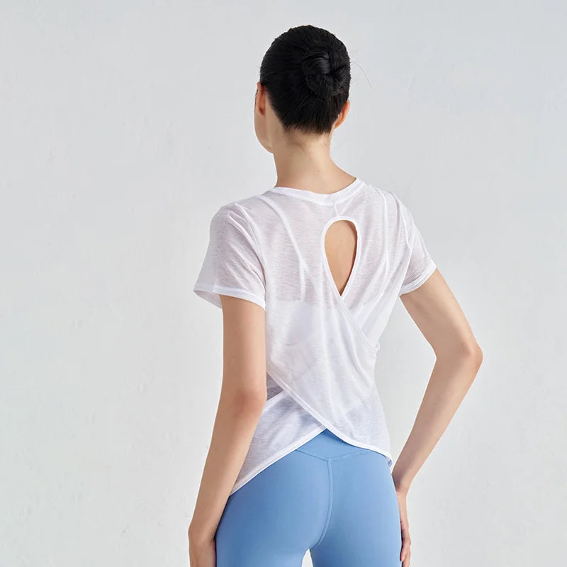 TRY TO BN Gym Tops Women Short Sleeve Sports Fitness Nylon Hollow Back Breathable Women's T-Shirt Training Runing Yoga Clothing
