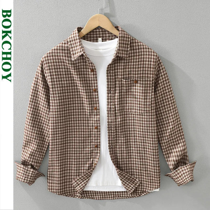 Vintage Plaid Long Sleeve Shirts for Men Clothing Trend Big Pockets Soft Men Shirts CM7390