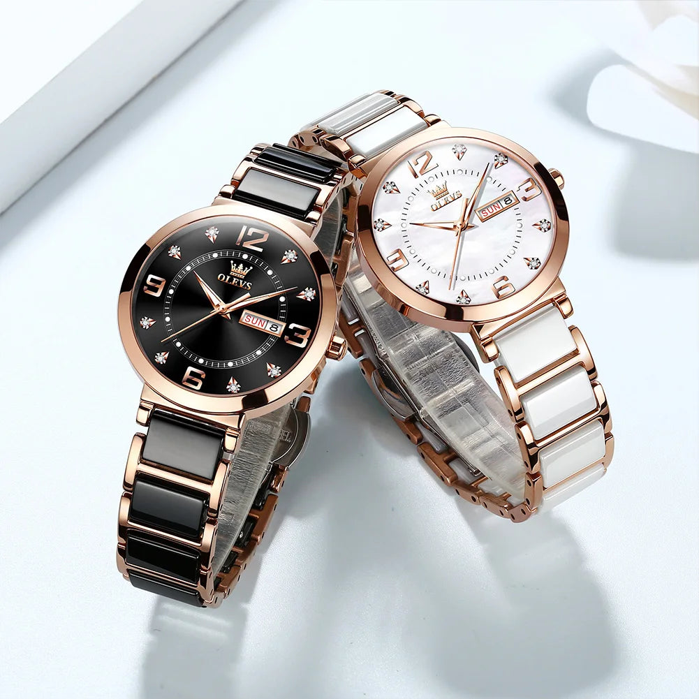 OLEVS New Ceramics Watchstrap Watch For Women Luxury Business Diamonds Wristwatch Fashion Waterproof Dual Calendar Woman Watches