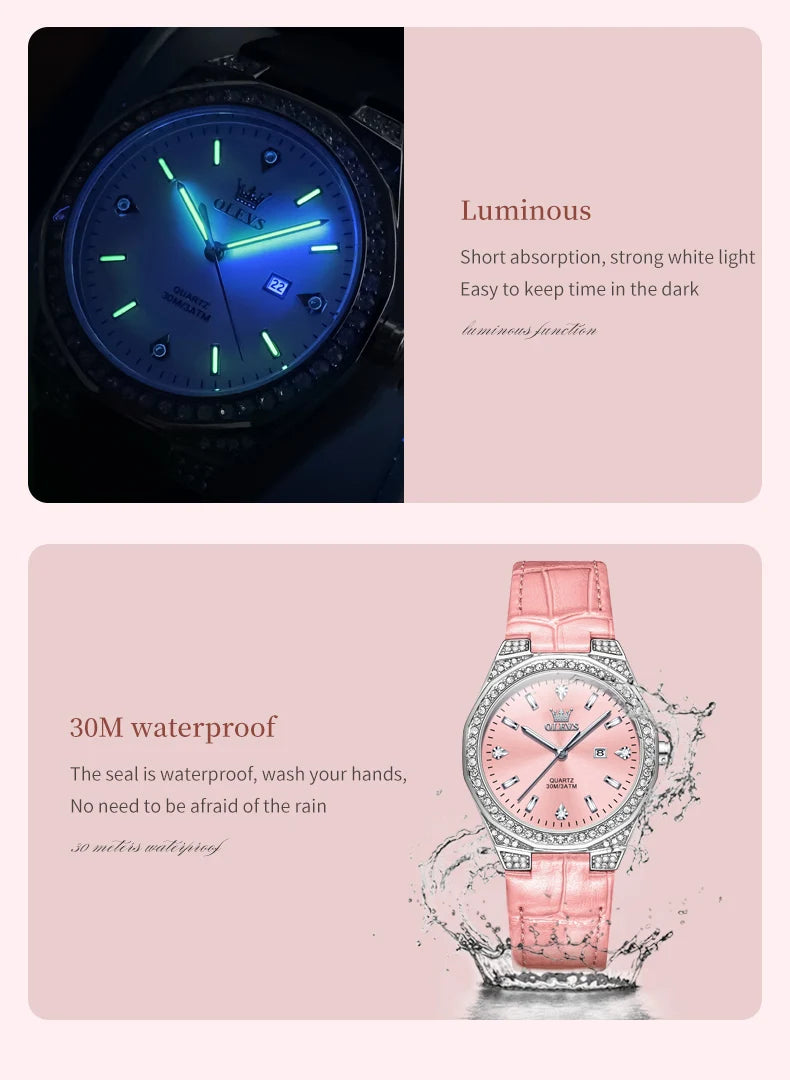 OLEVS NEW Women's Watches Pink Leather Strap Full Diamond New Style Date Waterproof Original Quartz Watch for Girl Fashion