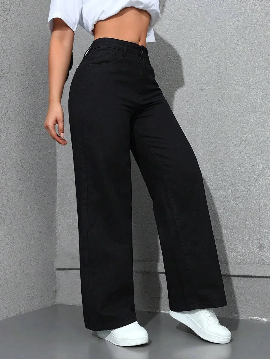 Retro Loose Wide Leg Jeans Fashion Women Solid Straight Wash High Elastic Waist Denim Pants Casual Streetwear Pocket Trousers