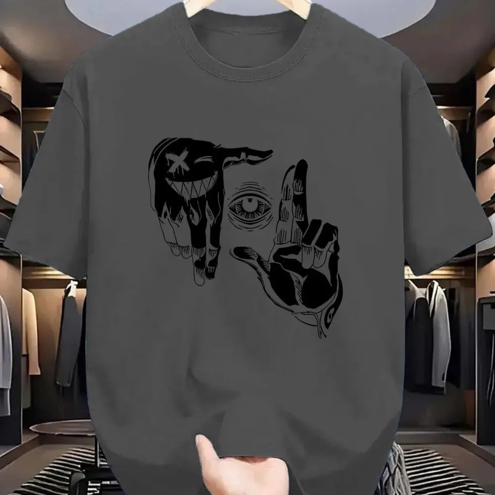 2025 Summer Men's Polyester Casual Breathable Round Neck T-shirt with Gesture Eye Personalized Pattern Printed Outdoor Top
