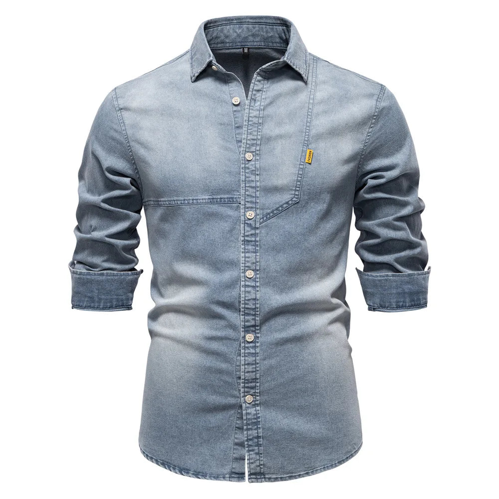 Men's casual solid - color long - sleeve denim shirt, a fashionable and versatile breathable cotton coat.