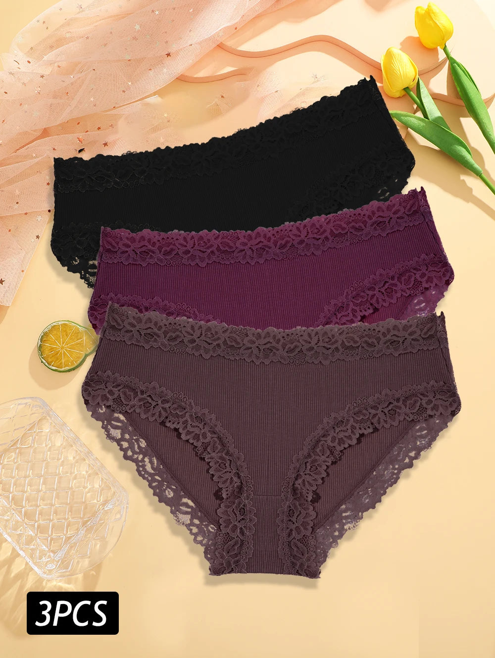 3PCS/Set Sexy Lace Cotton Panties for Women Flroal Lace Seamless Briefs Low Rise Lingerie Female Breathable Soft Underwear S-XL