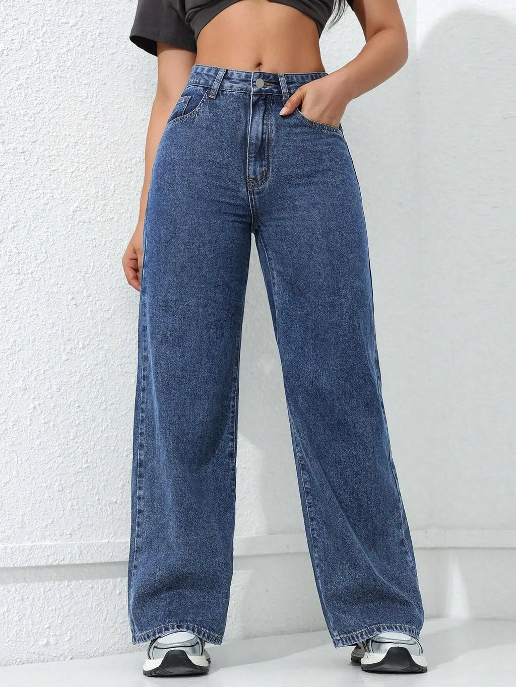 Retro Loose Wide Leg Jeans Fashion Women Solid Straight Wash High Elastic Waist Denim Pants Casual Streetwear Pocket Trousers